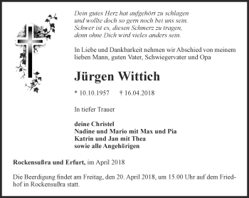 Traueranzeige von Jürgen Wittich von Thüringer Allgemeine