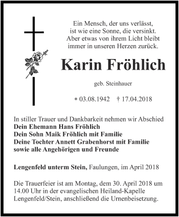 Traueranzeige von Karin Fröhlich von Thüringer Allgemeine, Thüringische Landeszeitung