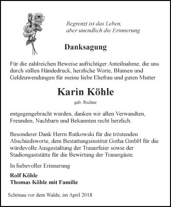 Traueranzeige von Karin Köhle von Ostthüringer Zeitung, Thüringische Landeszeitung