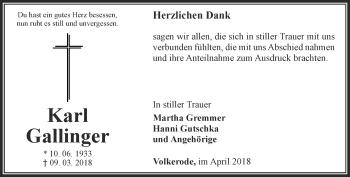 Traueranzeige von Karl Gallinger von Thüringer Allgemeine