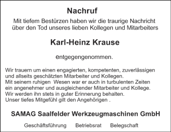 Traueranzeige von Karl-Heinz Krause von Ostthüringer Zeitung