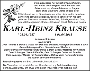 Traueranzeige von Karl-Heinz Krause von Ostthüringer Zeitung