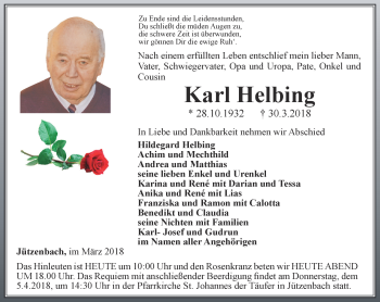 Traueranzeige von Karl Helbing von Thüringer Allgemeine