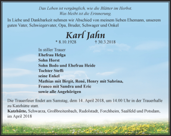 Traueranzeige von Karl Jahn von Ostthüringer Zeitung