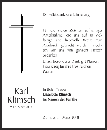 Traueranzeige von Karl Klimsch von Ostthüringer Zeitung, Thüringische Landeszeitung