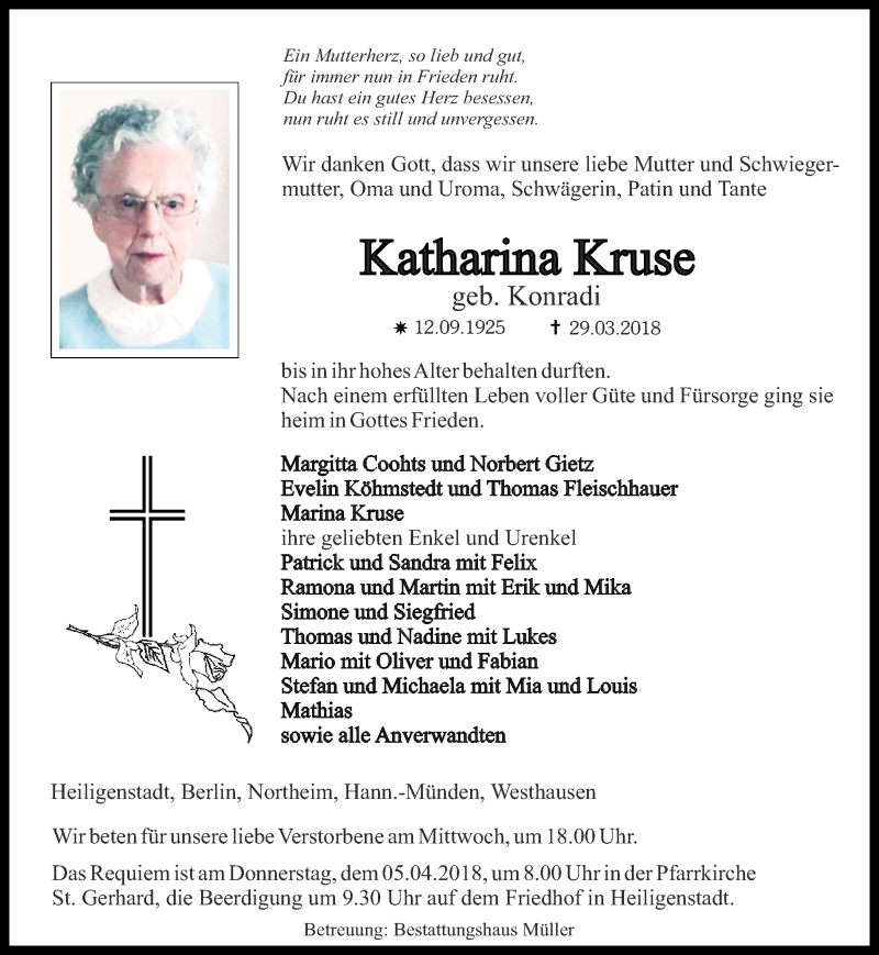  Traueranzeige für Katharina Kruse vom 03.04.2018 aus Thüringer Allgemeine