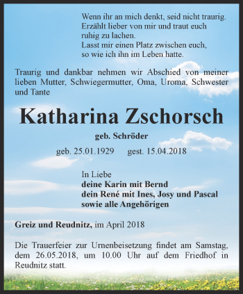 Traueranzeige von Katharina Zschorsch