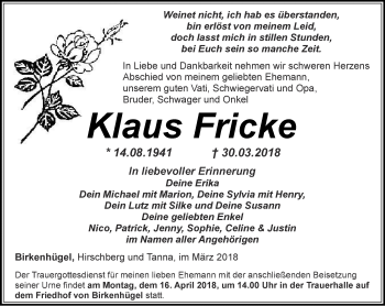 Traueranzeige von Klaus Fricke von Ostthüringer Zeitung