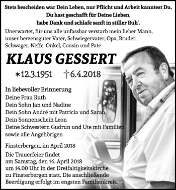 Traueranzeige von Klaus Gessert von Ostthüringer Zeitung, Thüringische Landeszeitung