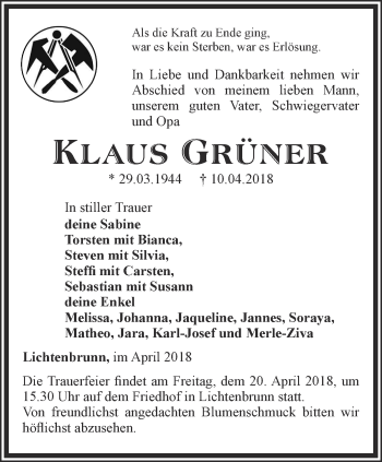 Traueranzeige von Klaus Grüner von Ostthüringer Zeitung
