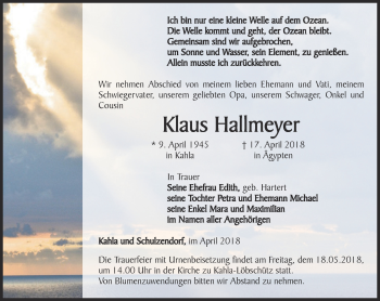 Traueranzeige von Klaus Hallmeyer von Ostthüringer Zeitung, Thüringische Landeszeitung