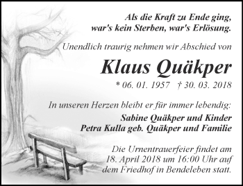 Traueranzeige von Klaus Quäkper von Thüringer Allgemeine