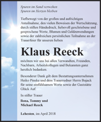 Traueranzeige von Klaus Reeck von Ostthüringer Zeitung