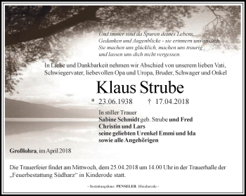 Traueranzeige von Klaus Strube von Thüringer Allgemeine