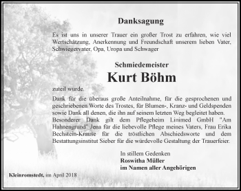 Traueranzeige von Kurt Böhm von Ostthüringer Zeitung, Thüringische Landeszeitung