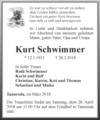 Traueranzeige von Kurt Schwimmer von Thüringer Allgemeine, Thüringische Landeszeitung