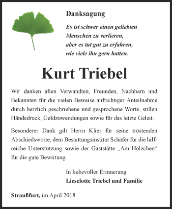 Traueranzeige von Kurt Triebel von Thüringer Allgemeine