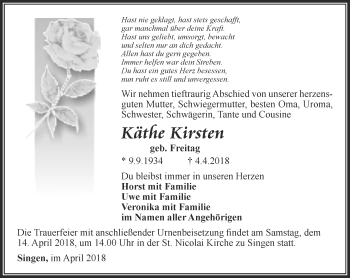 Traueranzeige von Käthe Kirsten von Thüringer Allgemeine