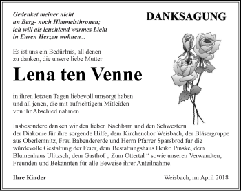 Traueranzeige von Lena ten Venne von Ostthüringer Zeitung