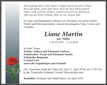 Traueranzeige von Liane Martin von Ostthüringer Zeitung