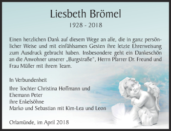 Traueranzeige von Liesbeth Brömel von Ostthüringer Zeitung, Thüringische Landeszeitung