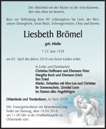Traueranzeige von Liesbeth Brömel von Ostthüringer Zeitung, Thüringische Landeszeitung