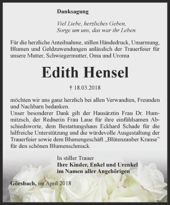 Traueranzeige von Liesbeth Hensel von Thüringer Allgemeine