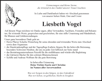 Traueranzeige von Liesbeth Vogel von Ostthüringer Zeitung