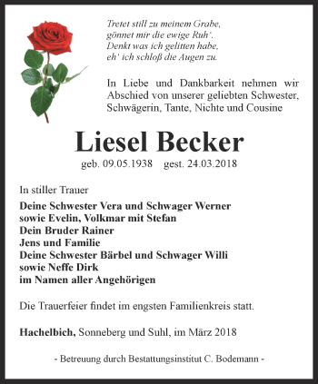 Traueranzeige von Liesel Becker von Thüringer Allgemeine