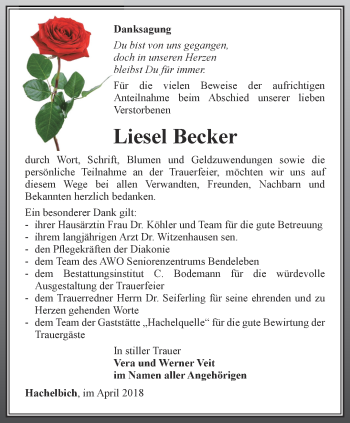 Traueranzeige von Liesel Becker von Thüringer Allgemeine