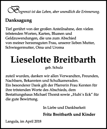 Traueranzeige von Lieselotte Breitbarth von Thüringer Allgemeine, Thüringische Landeszeitung