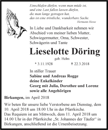 Traueranzeige von Lieselotte Döring von Thüringer Allgemeine