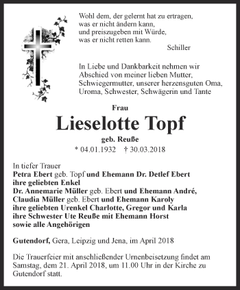 Traueranzeige von Lieselotte Topf von Thüringer Allgemeine, Thüringische Landeszeitung