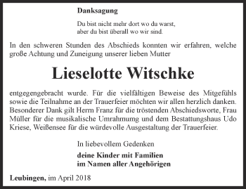 Traueranzeige von Lieselotte Witschke von Thüringer Allgemeine