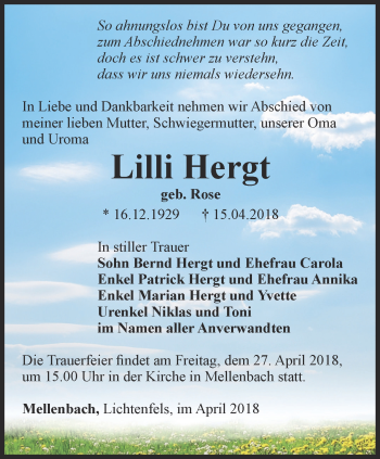 Traueranzeige von Lilli Hergt von Ostthüringer Zeitung