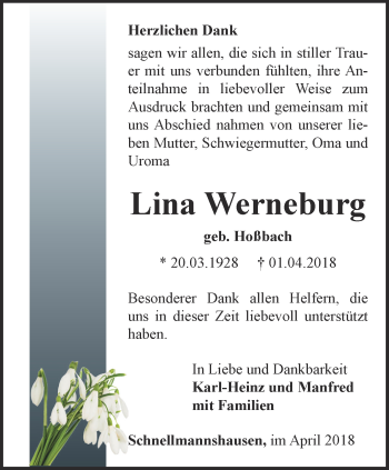 Traueranzeige von Lina Werneberg von Thüringer Allgemeine, Thüringische Landeszeitung