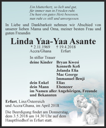 Traueranzeige von Linda Yaa-Yaa Asante von Thüringer Allgemeine, Thüringische Landeszeitung