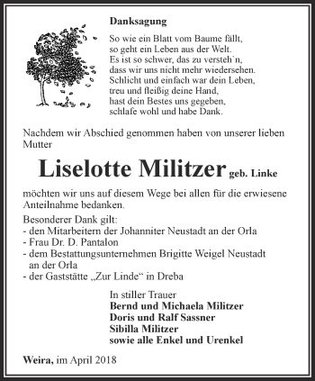 Traueranzeige von Liselotte Militzer von Ostthüringer Zeitung