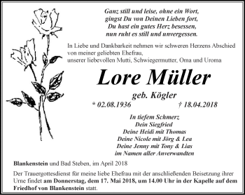 Traueranzeige von Lore Müller von Ostthüringer Zeitung