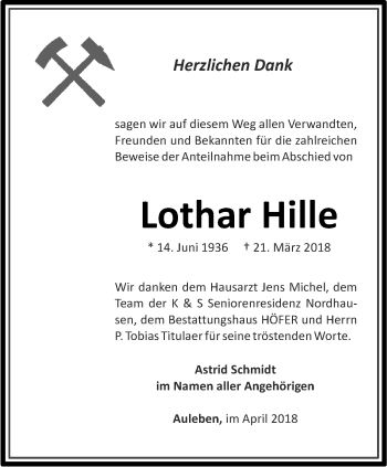 Traueranzeige von Lothar Hille von Thüringer Allgemeine