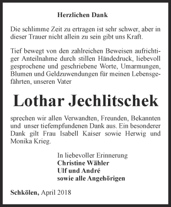 Traueranzeige von Lothar Jechlitschek von Ostthüringer Zeitung