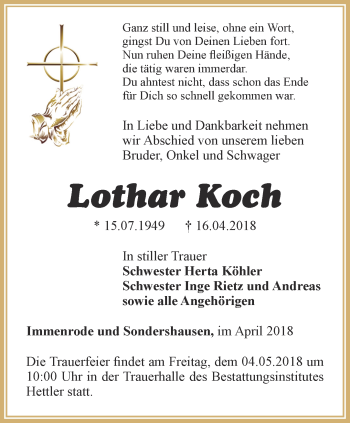 Traueranzeige von Lothar Koch von Thüringer Allgemeine