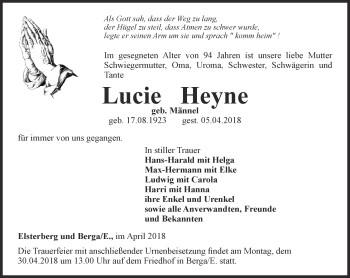 Traueranzeige von Lucie Heyne von Ostthüringer Zeitung