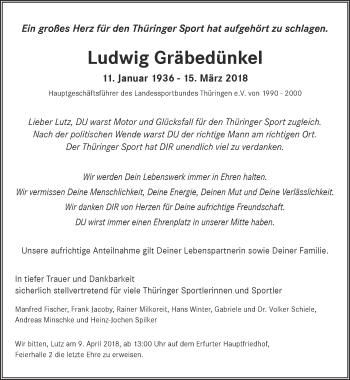 Traueranzeige von Ludwig Gräbedünkel von Thüringer Allgemeine, Thüringische Landeszeitung, Ostthüringer Zeitung
