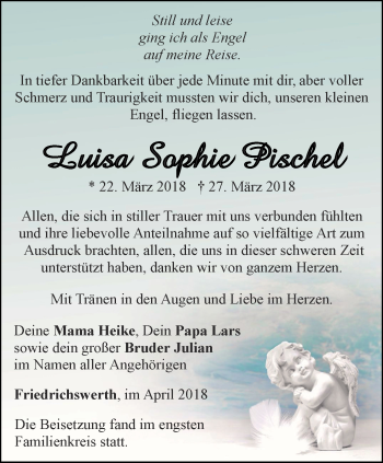 Traueranzeige von Luisa Sophie Pischel von Ostthüringer Zeitung, Thüringische Landeszeitung
