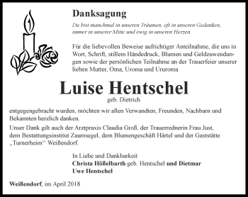 Traueranzeige von Luise Hentschel von Ostthüringer Zeitung