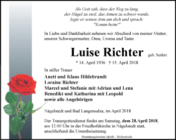 Traueranzeige von Luise Richter von Thüringer Allgemeine, Thüringische Landeszeitung