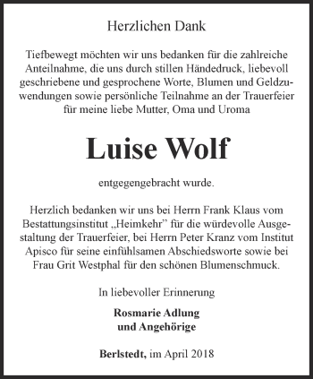 Traueranzeige von Luise Wolf von Thüringer Allgemeine, Thüringische Landeszeitung