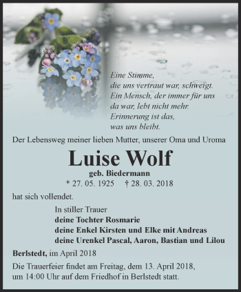 Traueranzeige von Luise Wolf von Thüringer Allgemeine, Thüringische Landeszeitung