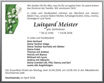 Traueranzeige von Luitgard Meister von Thüringer Allgemeine